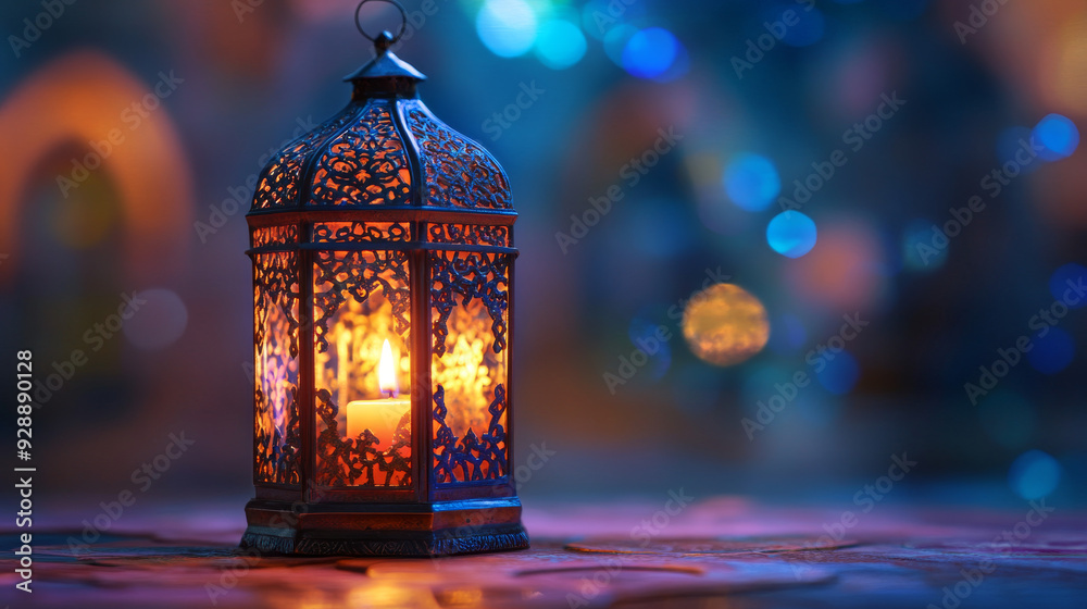 An ornate Arabic lantern with a burning candle glowing warmly at night, set against the backdrop of a mosque. This scene is perfect for a festive greeting card or invitation celebrating the Muslim . An ornate Arabic lantern with a burning candle glowing warmly at night, set against the backdrop of a mosque. This scene is perfect for a festive greeting card or invitation celebrating the Muslim .