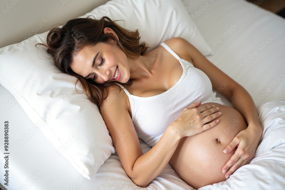 photo of pregnant woman sleeping and smiling in bed house, generative AI photo of pregnant woman sleeping and smiling in bed house, generative AI