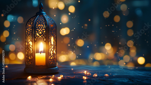 An ornate Arabic lantern with a burning candle glowing warmly at night, set against the backdrop of a mosque. This scene is perfect for a festive greeting card or invitation celebrating the Muslim .