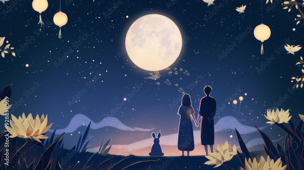 Obraz premium Mid autumn festival Full moon night scene with silhouettes of people and bunny