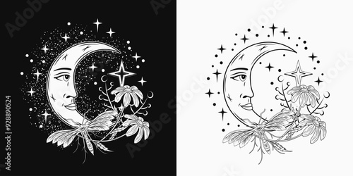 Monochrome composition with crescent moon with face, night butterfly, moth, flowers, scattered stars. Mythological fairytale, mystical concept. For clothing, apparel, T-shirts, kids design