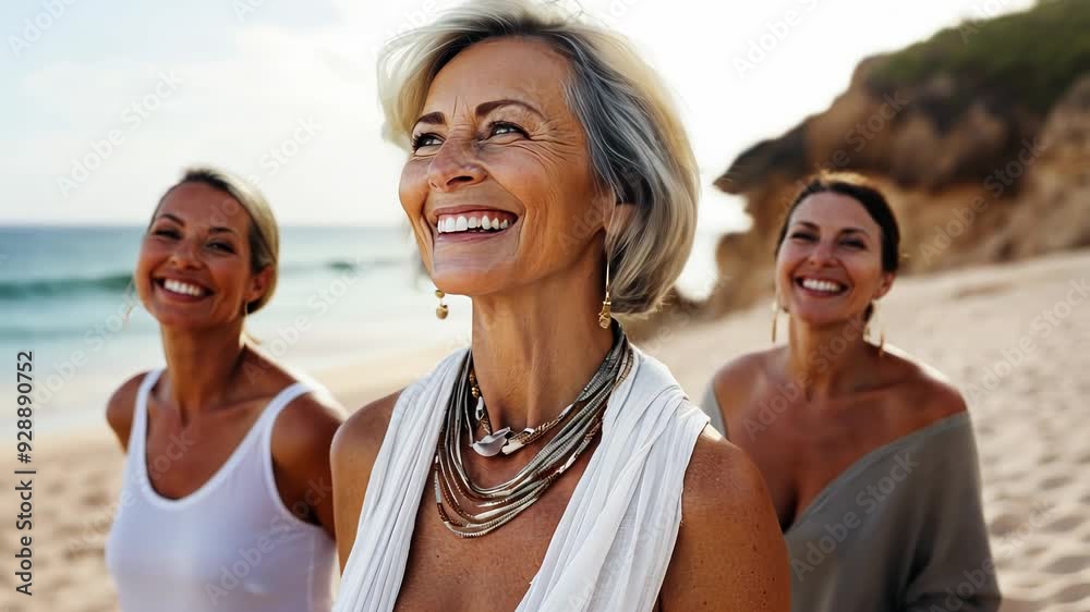 Youthful mature woman having fun with friends at the beach