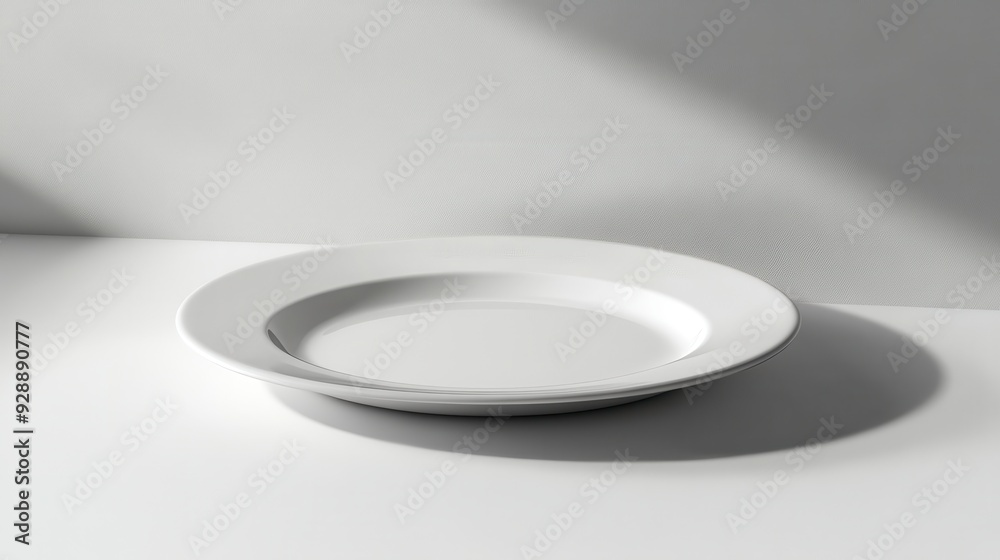 Minimalist White Ceramic Plate on Clean White Surface with Soft Shadow in Natural Light Minimalist White Ceramic Plate on Clean White Surface with Soft Shadow in Natural Light