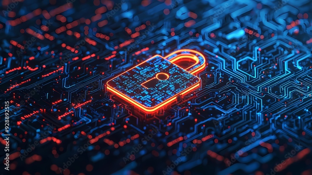 Digital padlock on a circuit board background, symbolizing cybersecurity and data protection in a futuristic environment. Digital padlock on a circuit board background, symbolizing cybersecurity and data protection in a futuristic environment.