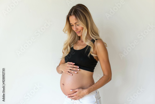 Free Download photo of pregnant woman standing pose on white background, generative AI - GFXLoad