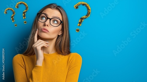 Wallpaper Mural Question-mark-filled woman contemplating against a blue backdrop Torontodigital.ca