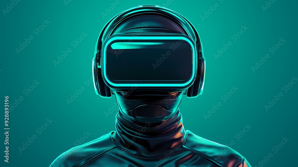 Futuristic figure with virtual reality headset, showcasing advanced technology and immersive gaming experience in a vibrant atmosphere. Futuristic figure with virtual reality headset, showcasing advanced technology and immersive gaming experience in a vibrant atmosphere.