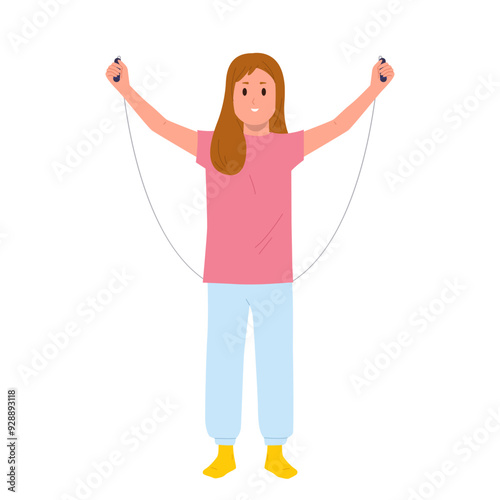 Preteen girl child cartoon character doing morning physical exercise jumping on skipping rope