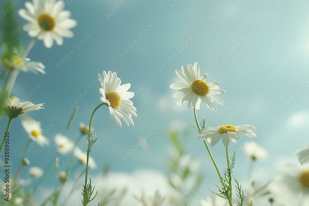 Chamomile Flowers. Beautiful Blossoms on Meadow under Blue Sky Chamomile Flowers. Beautiful Blossoms on Meadow under Blue Sky