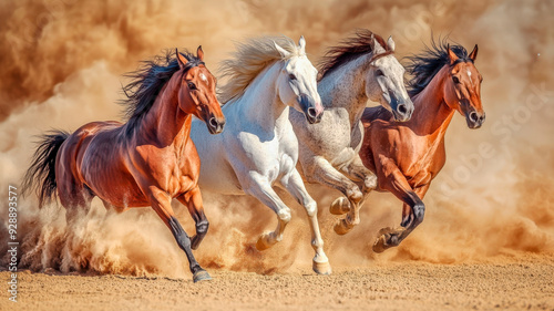Horses gallop through desert dust