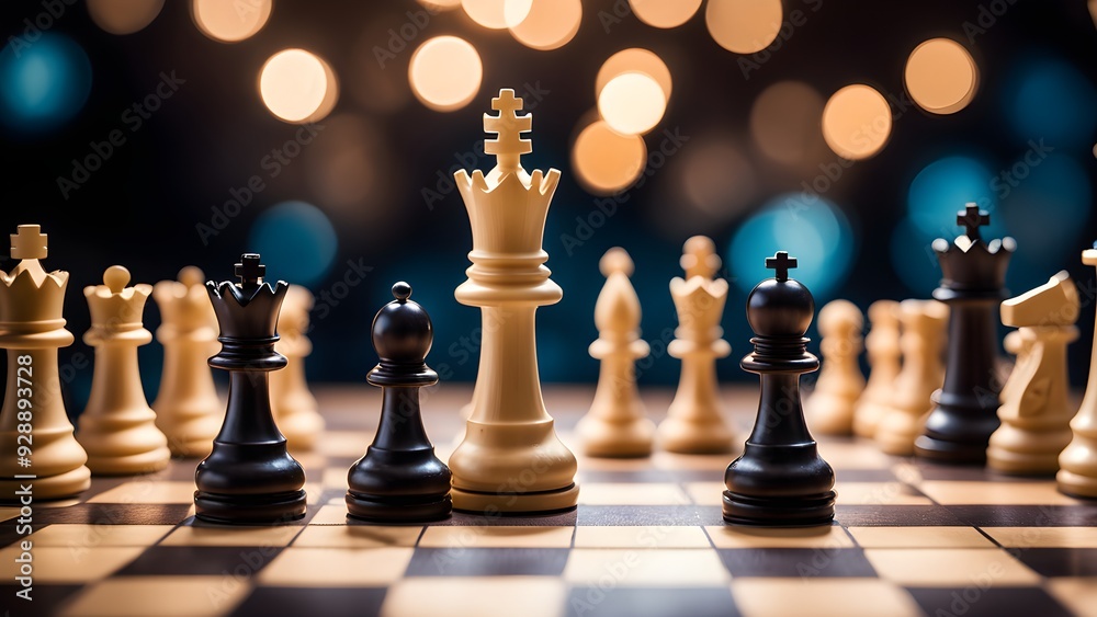 A chess board with a black king and white pawns A chess board with a black king and white pawns