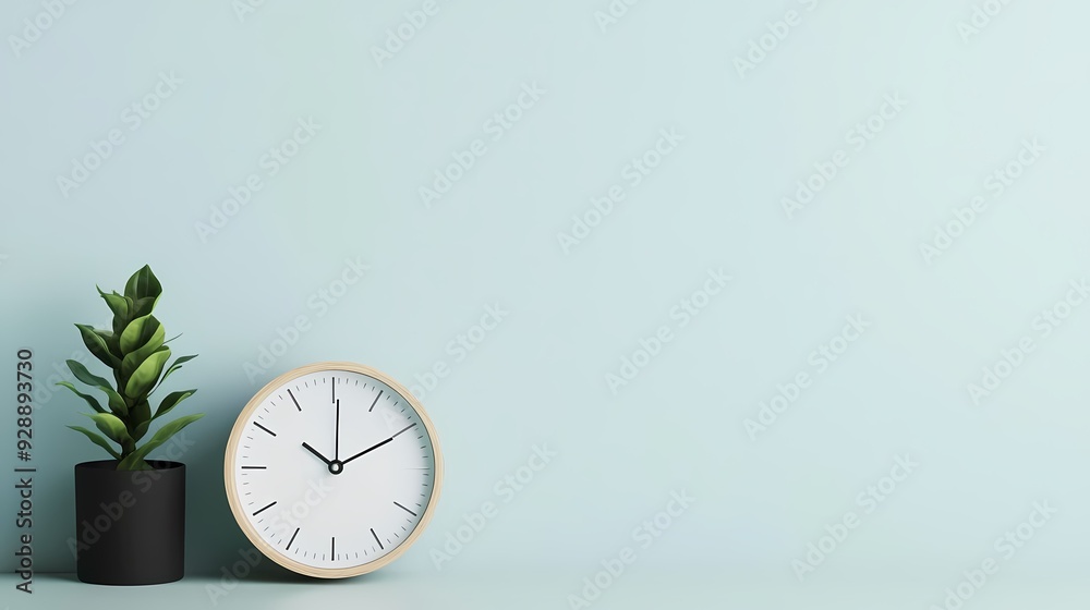 Modern clock and green plant in minimalistic style, perfect for home decor and lifestyle themes. Modern clock and green plant in minimalistic style, perfect for home decor and lifestyle themes.
