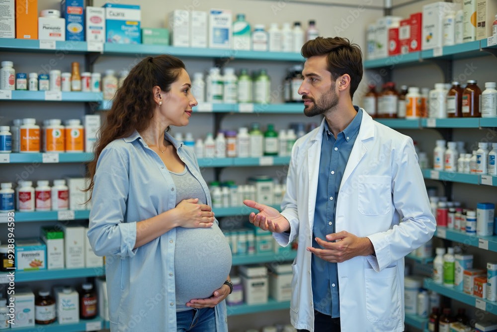 photo of pregnant woman and doctor pharmaceutical with medicine shelf at room in clinic hospital, generative AI photo of pregnant woman and doctor pharmaceutical with medicine shelf at room in clinic hospital, generative AI
