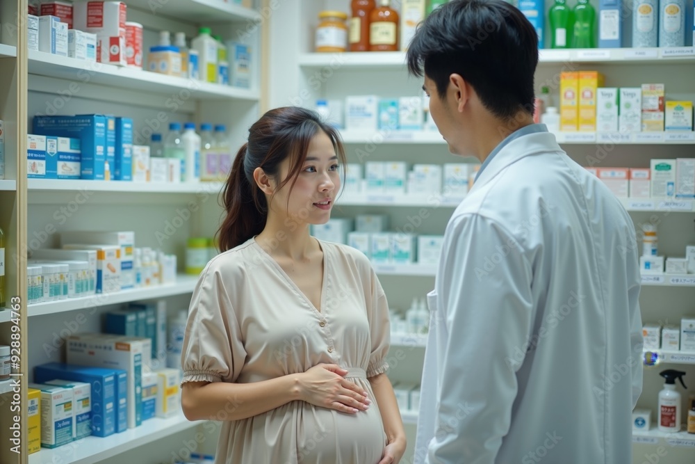 Obraz premium photo of pregnant woman and doctor pharmaceutical with medicine shelf at room in clinic hospital, generative AI