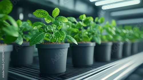 Vibrant green seedlings growing in black pots under soft lighting, showcasing the beauty of indoor gardening and plant care.