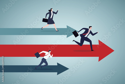 Business competition or leadership. Business men and women racing on the arrow path