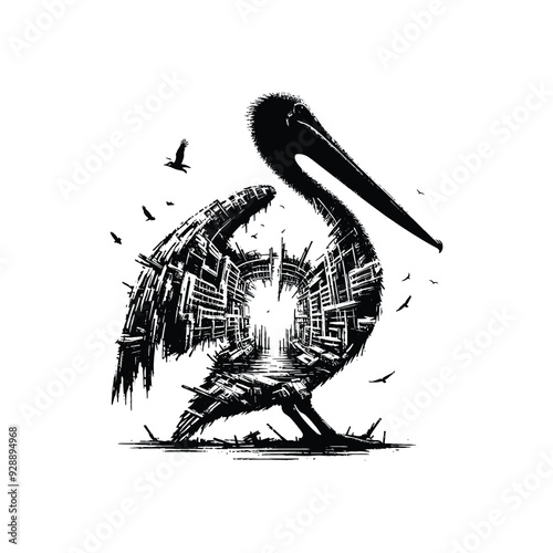 silhouette of Pelican filled with destroyed futuristic dystopia environment in rough drawing
