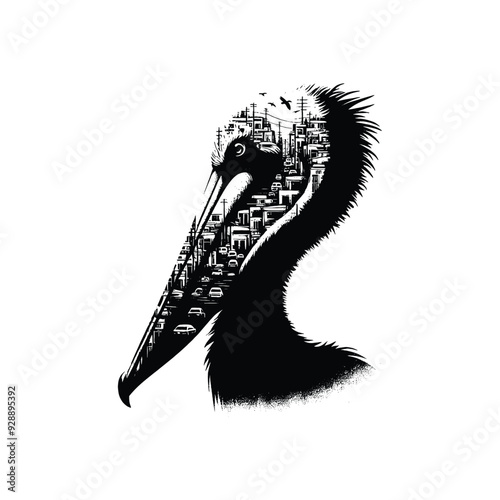 silhouette of Pelican filled with ghetto street in rough drawing