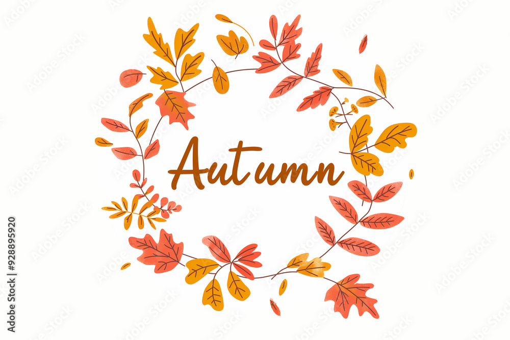 A simple illustration of an adorable autumn wreath with leaves in muted reds, oranges, and yellow, on a white background with the word 