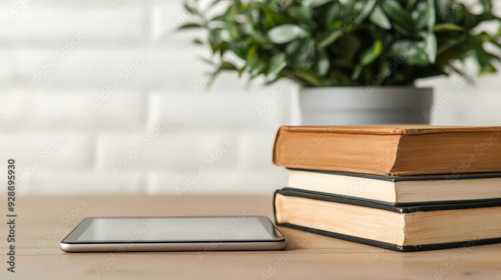 A cozy workspace featuring stacked books, a tablet, and a potted plant against a stylish brick wall. A cozy workspace featuring stacked books, a tablet, and a potted plant against a stylish brick wall.