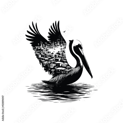 silhouette of Pelican filled with ghetto street in rough drawing
