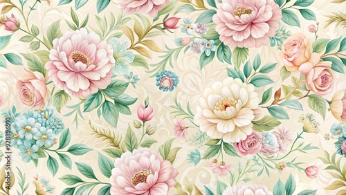 Wallpaper Mural Delicate, hand-drawn floral patterns and pastel hues come together in a whimsical, ornate design, evoking a sense of soft, feminine elegance and refined sophistication. Torontodigital.ca