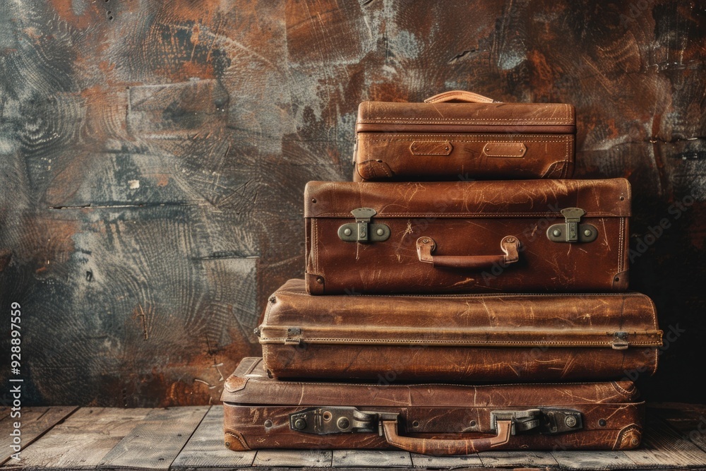 Stack of luggage placed on wooden floor Stack of luggage placed on wooden floor