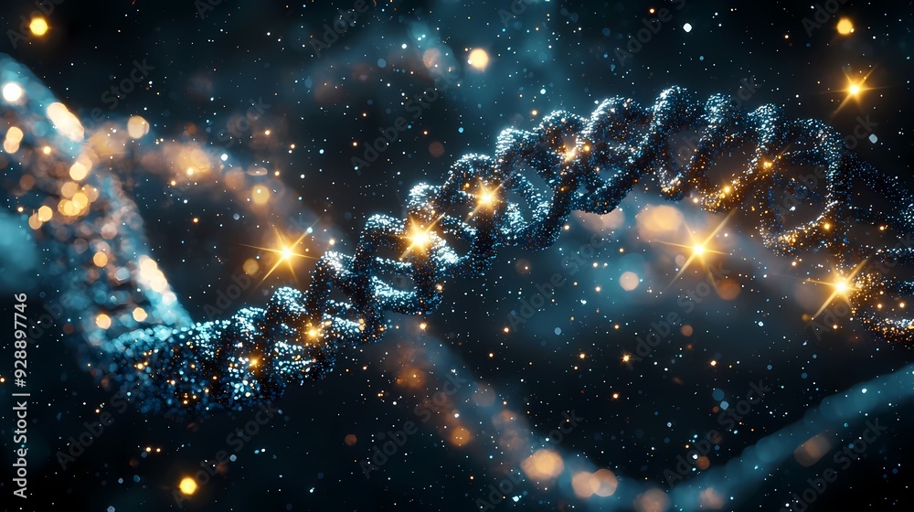 A mesmerizing abstract depiction of a DNA strand shimmering in cosmic space, highlighting the beauty of genetics and science. A mesmerizing abstract depiction of a DNA strand shimmering in cosmic space, highlighting the beauty of genetics and science.