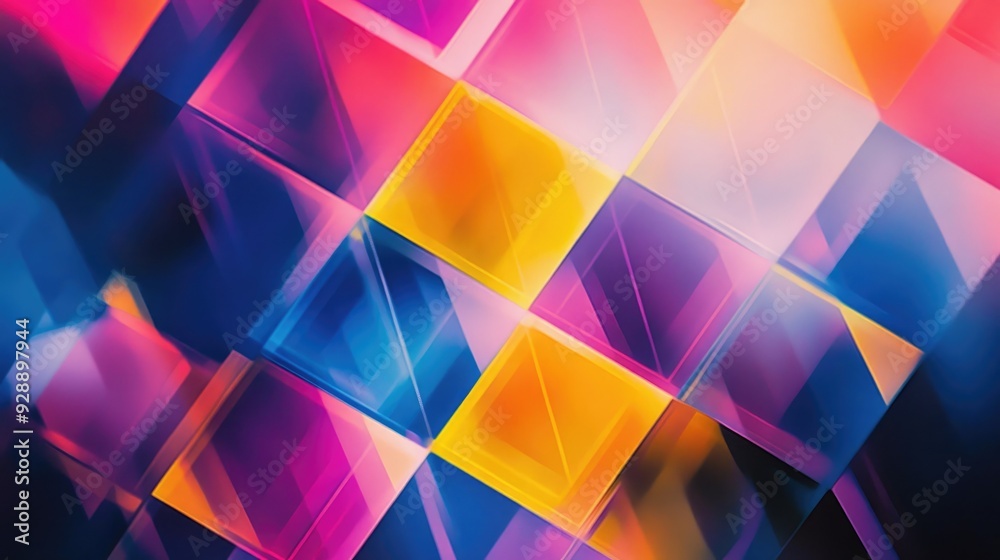 Obraz premium Abstract geometric image with repeating pentagons in bold shades of pink, blue, yellow, and purple, offering a vibrant visual composition