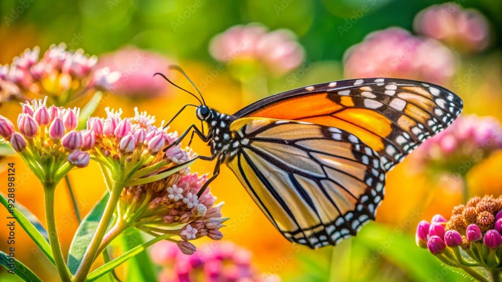 Obraz premium Delicate orange and black monarch butterfly sips sweet nectar from a cluster of fragrant pink milkweed flowers on a sunny summer meadow afternoon.