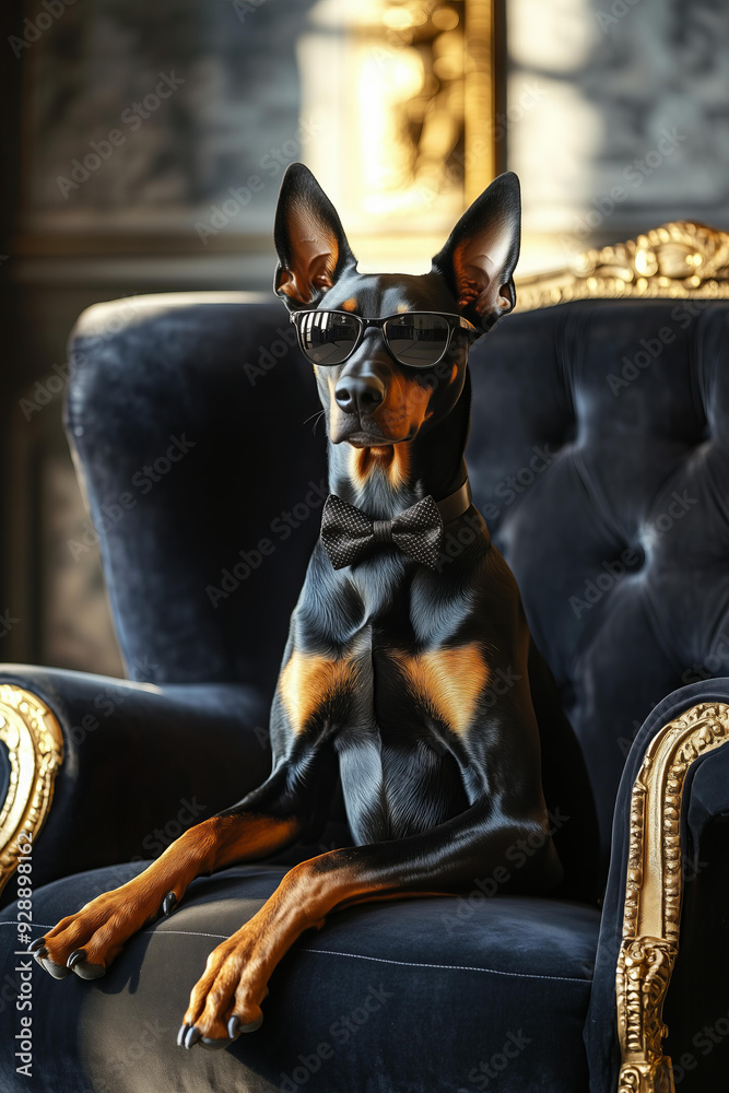 Black doberman dog wearing black sunglasses and bow tie sitting on the ...