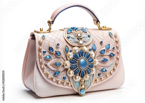 Delicate, ornate doll princess handbag in soft pink, white, and blue hues features a sparkling blue crystal shoulder strap and intricate design details. photo