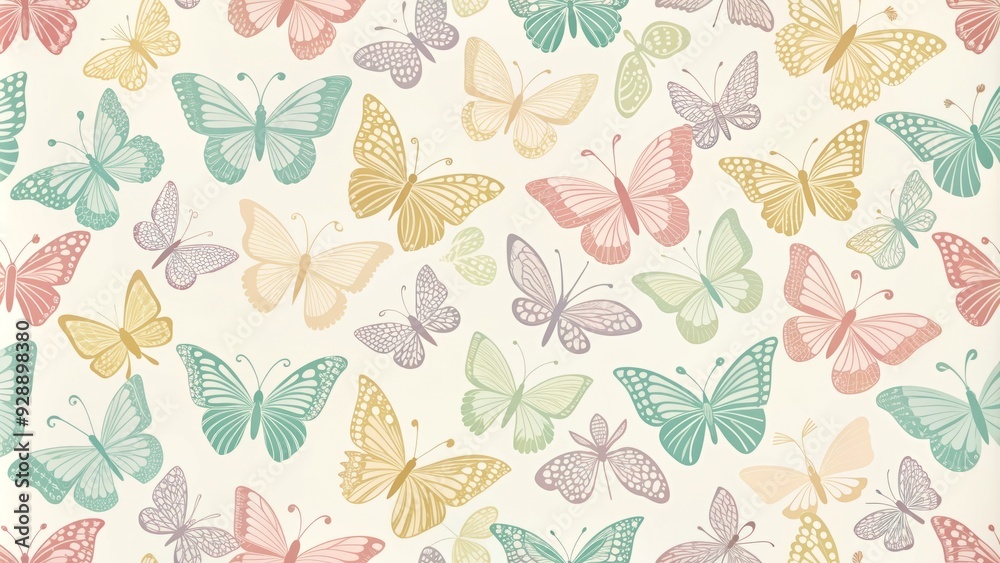 Fototapeta premium Delicate, pastel-hued butterfly silhouettes dance across a soft, creamy background, creating a whimsical and charming pattern perfect for springtime or nursery designs.