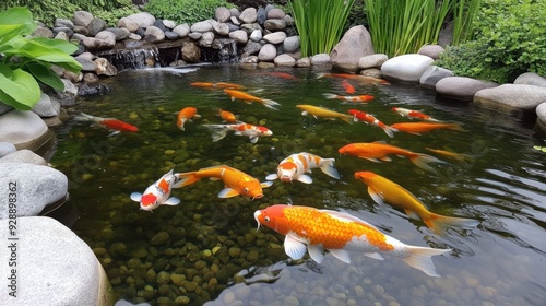 A serene pond filled with colorful koi fish swimming gracefully among lush greenery and smooth stones.