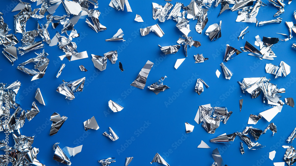 Fototapeta premium silver foil confetti scattered on a cobalt blue background, creating an festive and joyful atmosphere for the New Year's or another holiday celebration