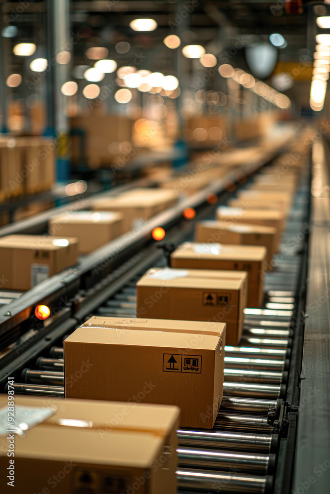 Efficient Warehouse Operations Close-up of Conveyor Belt Boxes amid Stacks of Cardboard Boxes
