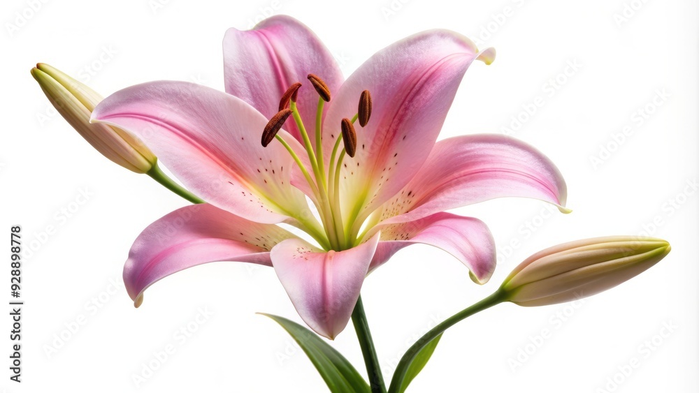 Naklejka premium Delicate pink lily flower in full bloom, petals softly curled, standing upright on a stem against a pure white isolated background, exuding elegance and serenity.