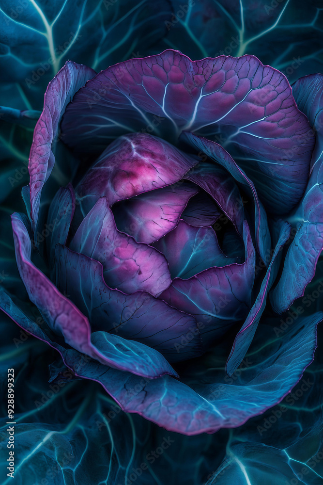 Obraz premium vibrant colors and intricate details on an open purple cabbage, capturing its unique shape with rich green leaves