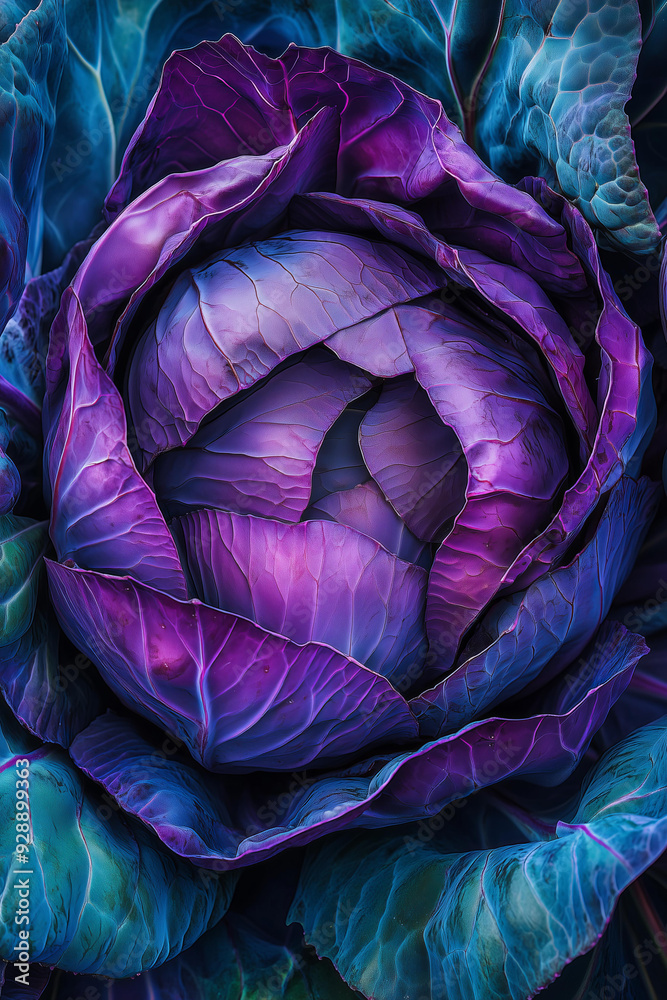 vibrant colors and intricate details on an open purple cabbage, capturing its unique shape with rich green leaves vibrant colors and intricate details on an open purple cabbage, capturing its unique shape with rich green leaves