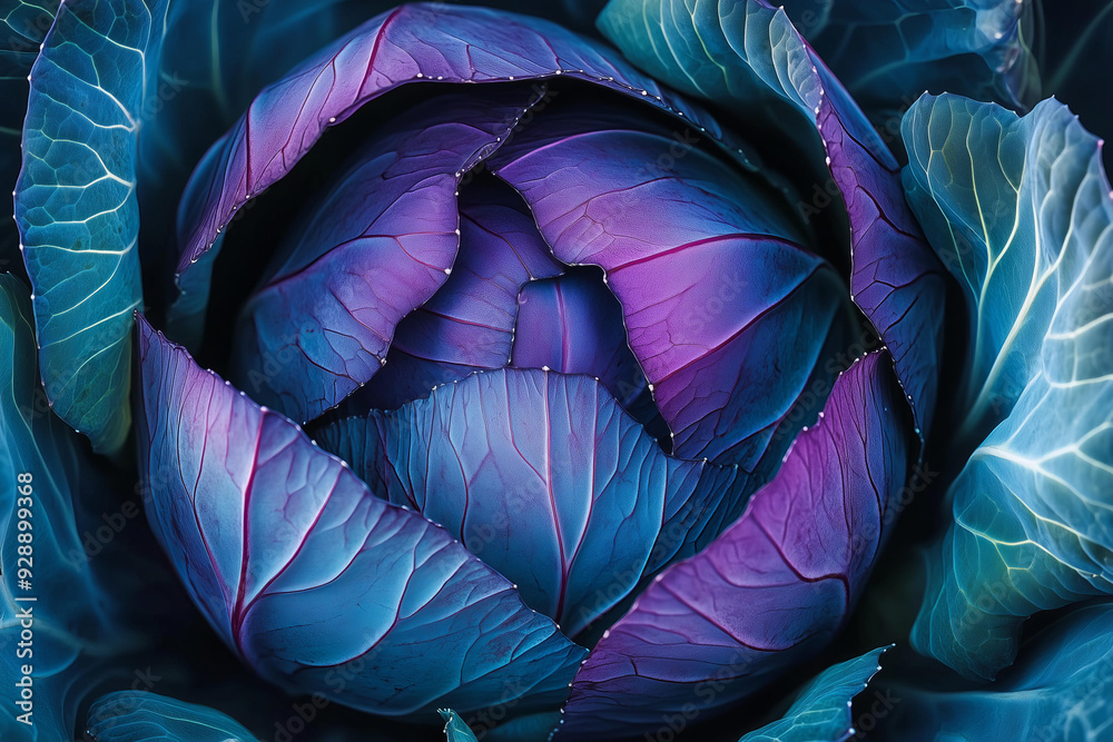 Fototapeta premium vibrant colors and intricate details on an open purple cabbage, capturing its unique shape with rich green leaves
