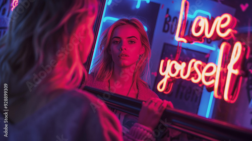 A cinematic shot of a blonde woman standing in front of a mirror with a neon 