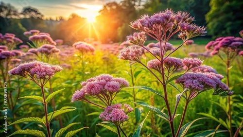 Delicate purple flowers of Joe Pye weed bloom in a lush meadow, surrounded by green foliage and warm sunlight on a summer afternoon. photo