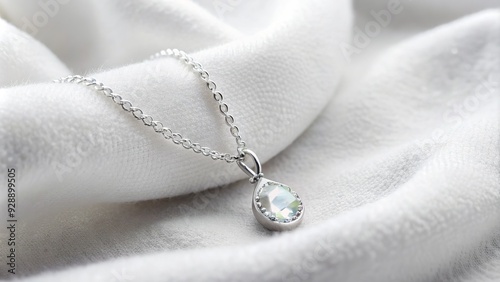 Delicate silver chain necklace adorned with a small shimmering gemstone pendant lies curled on a soft, white velvet cloth, exuding elegance and sophistication. photo