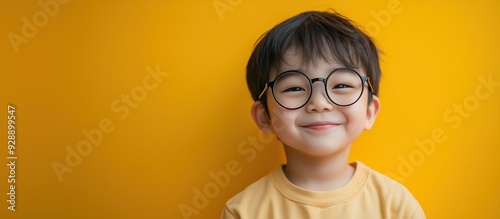 A joyful portrait of an asian child wearing large glasses against a solid yellow background.