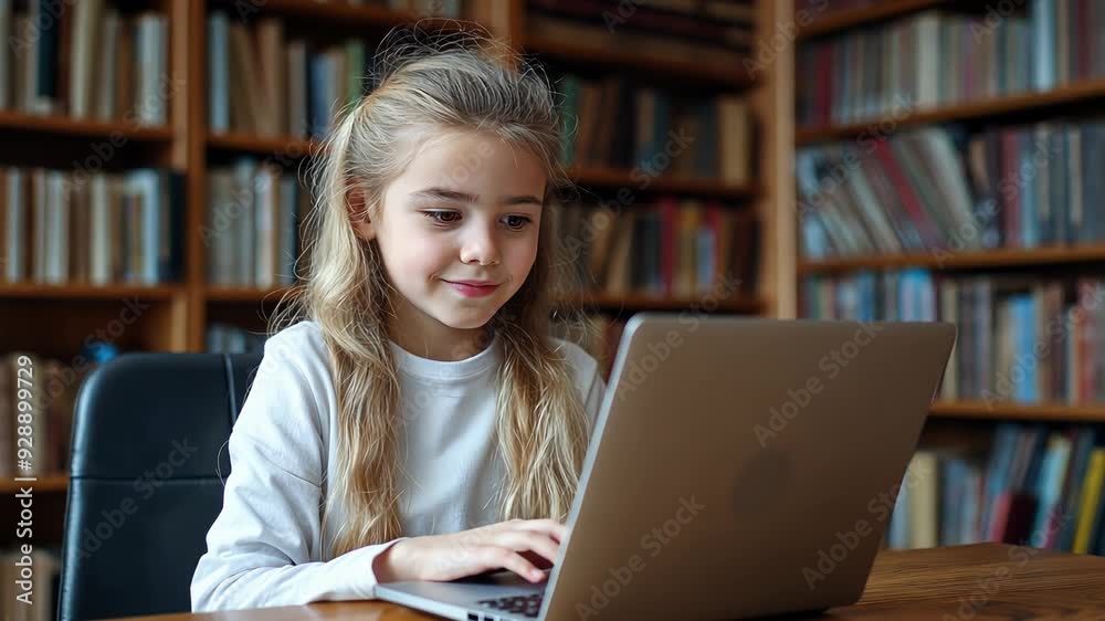 Cute young girl working with a laptop in a library Cute young girl working with a laptop in a library