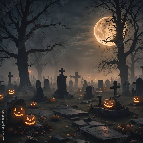 A spooky Halloween cemetery scene with fog drifting between old tombstones, bare trees, and eerie jack-o'-lanterns. The full moon casts a ghostly glow, adding to the haunted atmosphere with shadows an photo