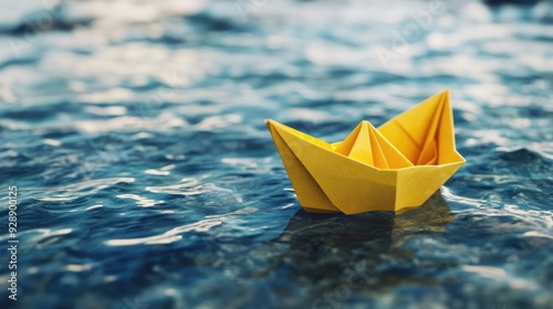 Yellow paper boat floating on three-dimensional sea water. Origami sailboat toy, freedom concept, cruise travel, river, lake, explore adventure, waves, brave, resilience, hope, fragility