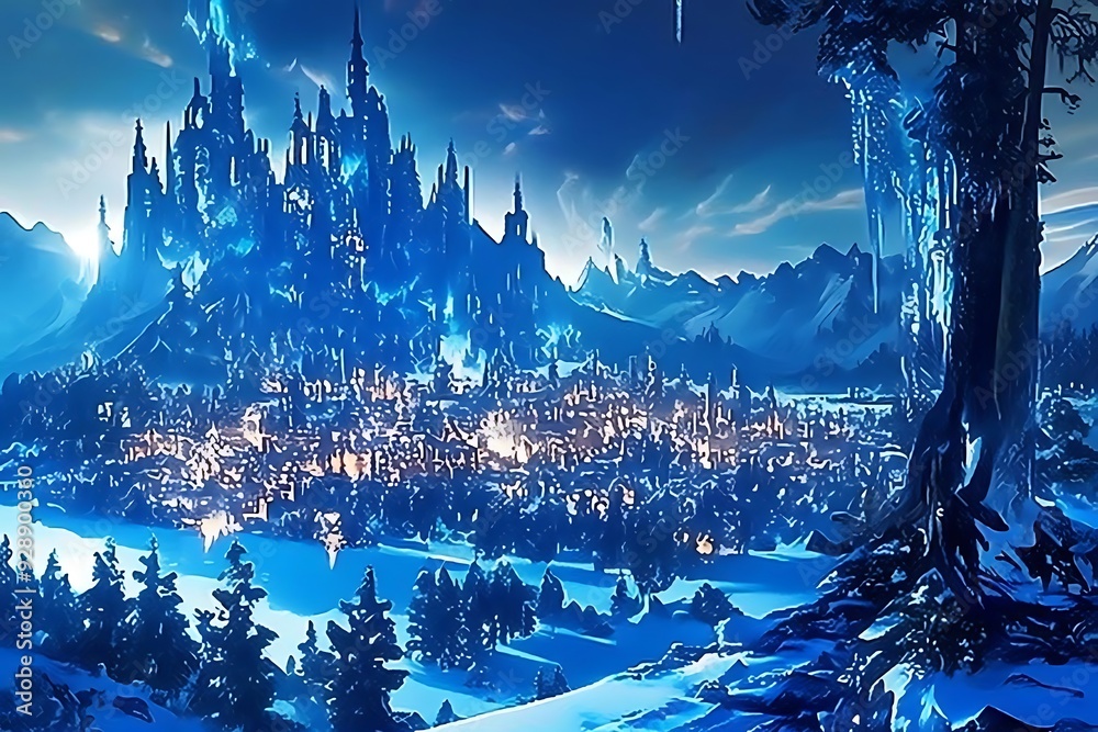 Fantasy Cityscape Illustration - Frozen Castle, Snowy Mountains, Icy Forest, Night Sky, Blue Hues Fantasy Cityscape Illustration - Frozen Castle, Snowy Mountains, Icy Forest, Night Sky, Blue Hues