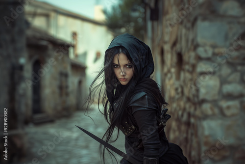 young female assassin with long black hair flowing in the wind and a strong expression on her face, outfit with a hood, daggers in her hands. blurred background of old medieval town, fantasy fictional photo