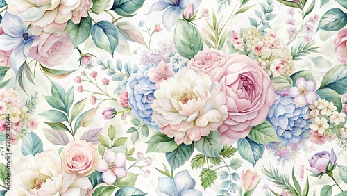 Wallpaper Mural Delicate watercolor floral patterns in soft pastel hues featuring blooming peonies, roses, and hydrangeas scattered across a white background with subtle texture and gentle fade. Torontodigital.ca